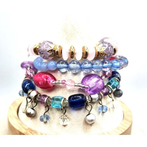 4 Bracelets, Pinks, Blue, Purple, Acrylic Crystal & Metal Beads - Picture 3 of 3